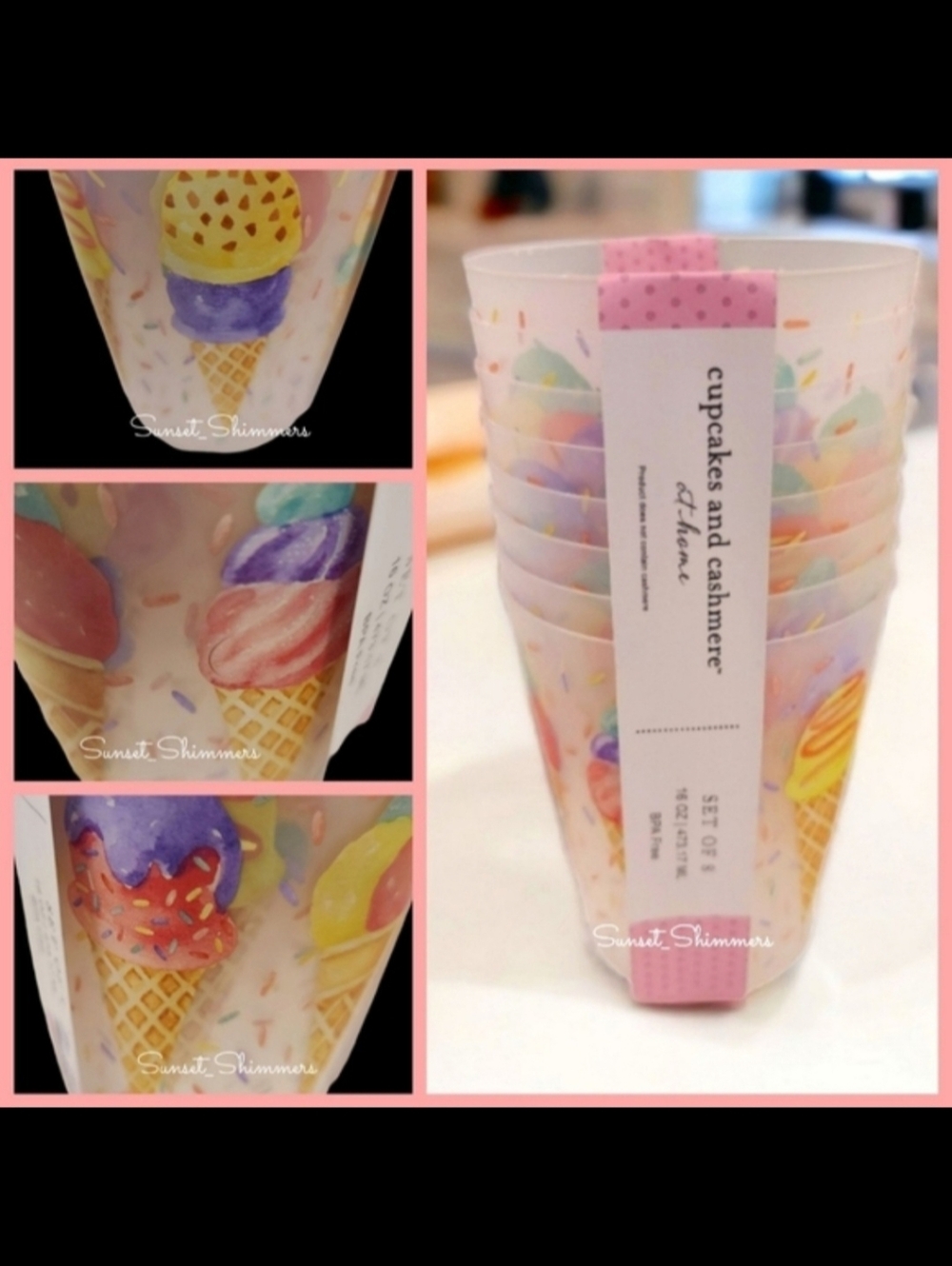 8 Cupcakes & Cashmere ICE CREAM CONE 16oz Tumbler Cups Outdoor Drink Glasses New